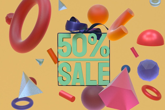 50% sprzedaży z łukiem i wstążką projektowania 3D na abstrakcyjnej geometrii