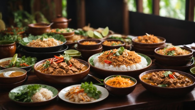 6 dań kuchni tajskiej na stole, patrz na górze stołu