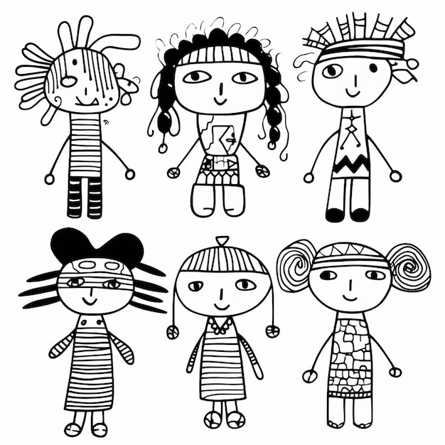 Zdjęcie 6 różnych lalek dla dzieci, narysowanych ręcznie poprzez połączenie białego tła