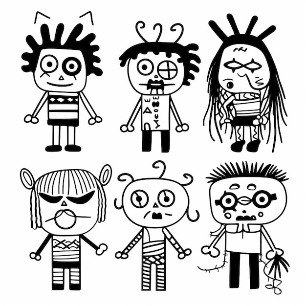 Zdjęcie 6 różnych lalek dla dzieci, narysowanych ręcznie poprzez połączenie białego tła