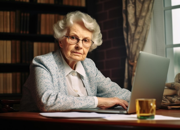Zdjęcie 60-letnia kobieta pracuje nocą na laptopie w biurze