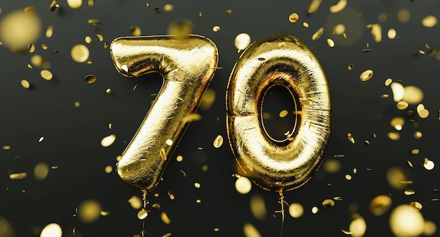 70 lat. Złote balony numer 70. rocznica, gratulacje z okazji urodzin, spadające konfetti