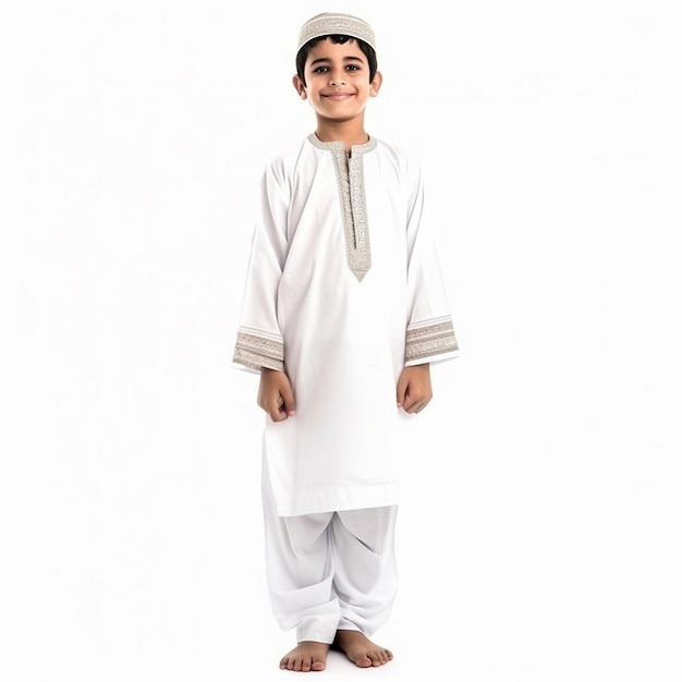 8-letni chłopiec z Dubaju w tradycyjnym Thobe na białym tle 1