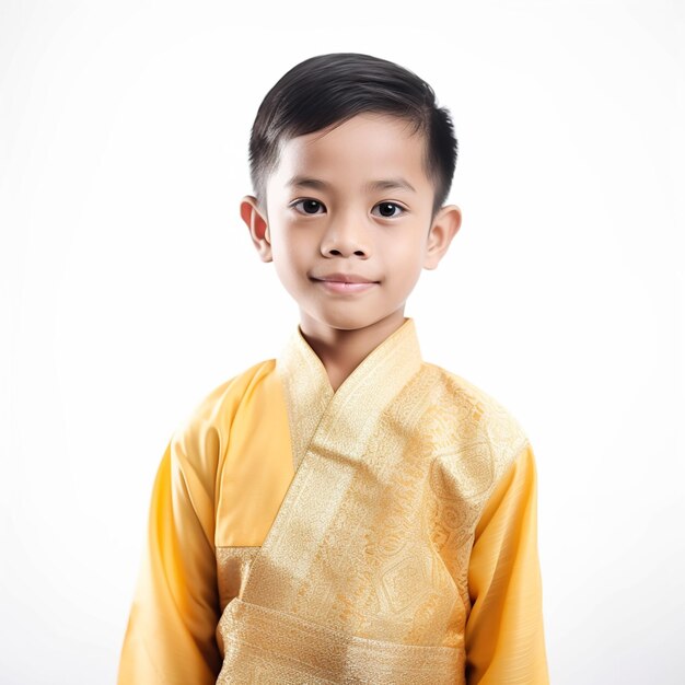 8-letni tajski chłopiec w tradycyjnym stroju na białym tle 7