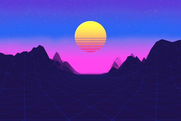 80s Synthwave stylizowany krajobraz z drogą, górami i ekstremalnym zbliżeniem Stripped Sun. Renderowanie 3D