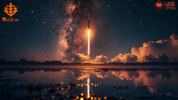 8K Night Skies A Rockets Vibrant Trail Arcing Across Starry Waters (Nocne niebo 8K)