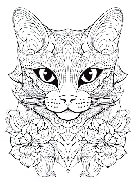 Zdjęcie a black and white drawing of a cat with flowers and a cat on it