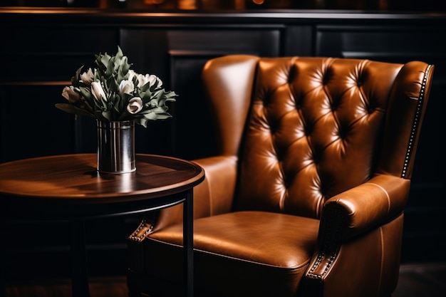 Zdjęcie a bouquet of flowers on a table in an interior with leather armchairs