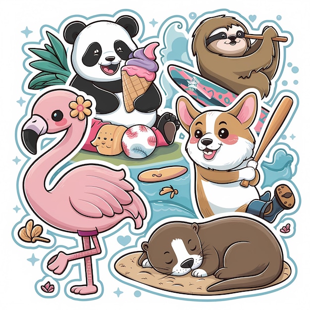 Zdjęcie a cartoon of pandas and a pink flamingo with a baby on it