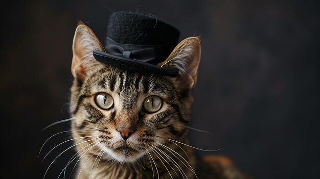 Zdjęcie a cat wearing a miniature top hat looks directly at the camera with a curious expression on its face