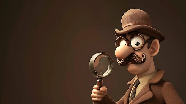 Zdjęcie a clever detective with a magnifying glass searching for clues on a dark brown background