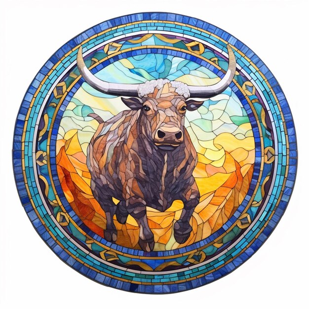 Zdjęcie a close up of a bull in a stained glass circle generative ai