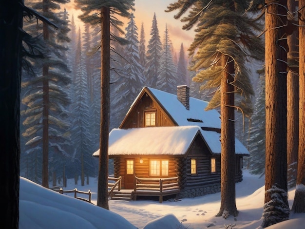 _A_cozy_cabin_in_the_woods_surrounded_by_tall Trees EnhHD 8K tapeta Zdjęcie stockowe Obraz fotograficzny