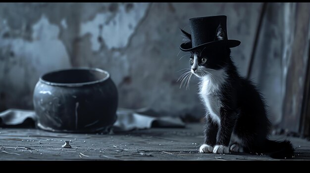 Zdjęcie a cute cat wearing a top hat is sitting on a wooden table the cat is looking to the right of the frame the background is a dark textured wall