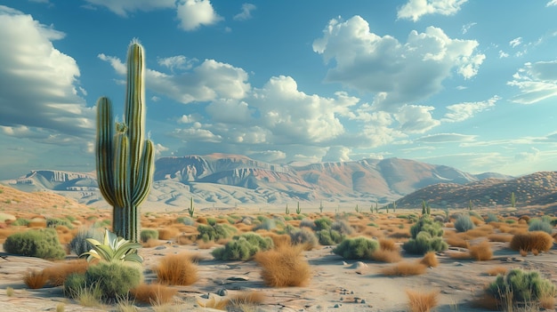 Zdjęcie a desert landscape with a cactus and mountains in the background