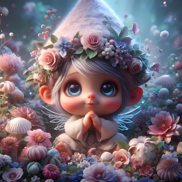 Zdjęcie a doll with a flower crown and a flower crown is surrounded by flowers