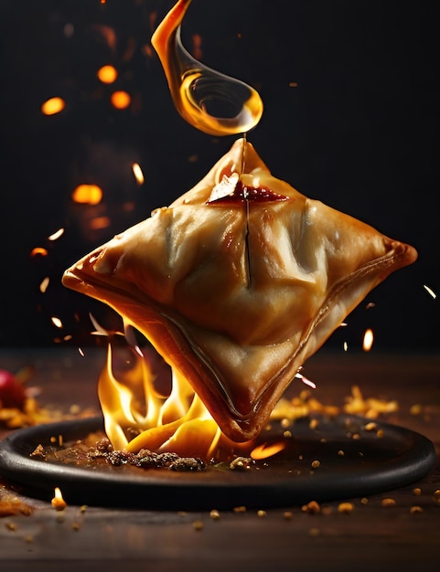 a_fiery_grilled_samosa_being_flipped_midair_with_flame