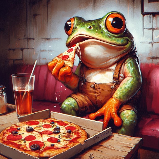 Zdjęcie a frog sits on a couch with a pizza in his hand and a box of pizza