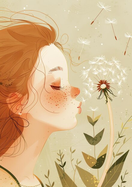 Zdjęcie a girl blowing a dandelion