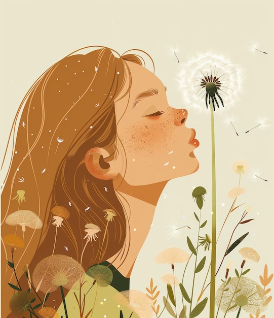 Zdjęcie a girl blowing dandelion seeds