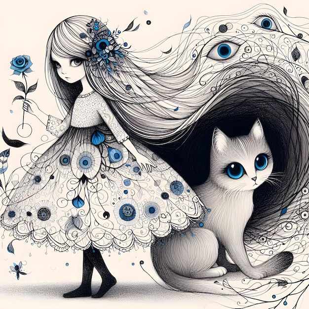 Zdjęcie a girl with blue eyes in a dress with petals and her cat with blue eyes