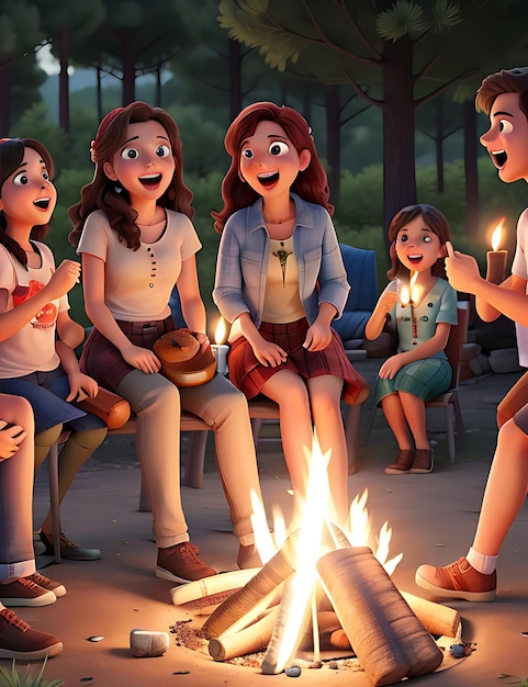 A_group_of_friends_gathered_around_a_campfire_singing_and_laughing_celebrating_friendship_day