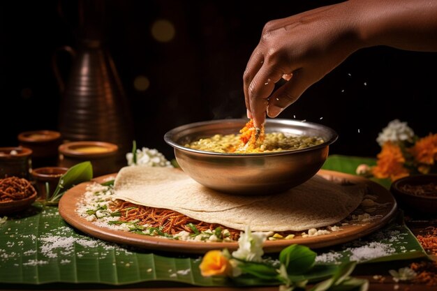 Zdjęcie a hand dipping a piece of masala dosa into a bowl of flavorful sambar