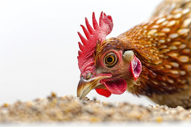 Zdjęcie a hen pecking at grains on the ground