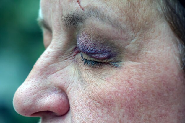 Zdjęcie a human eye with a large blackviolet bruise swelling due to bruise
