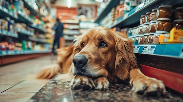 Zdjęcie a lonely dog sits in an empty grocery store waiting for its owner