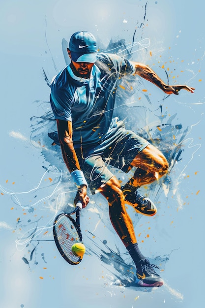 Zdjęcie a man is playing tennis with a tennis racket and a tennis ball the man is wearing a blue shirt and blue shorts