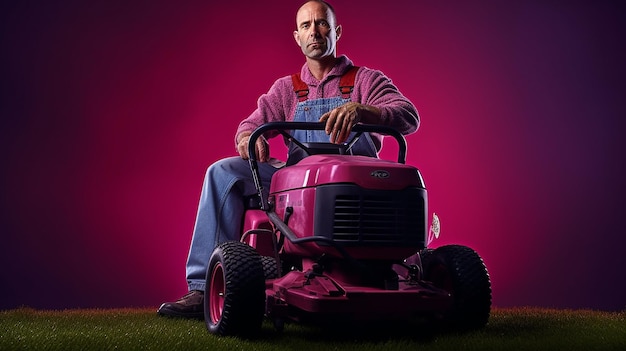 a_man_on_a_riding_lawn_mower_magenta_background