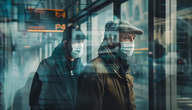 Zdjęcie a man wearing a mask and a scarf is standing on a sidewalk