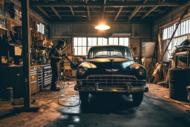 Zdjęcie a mechanic fixing a vintage car in a garage ai generated