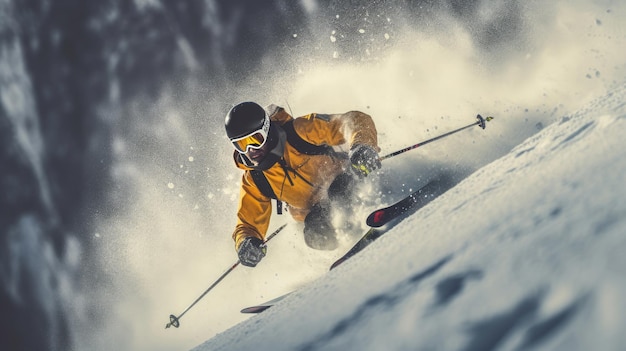A narciarz narciarz skoki narciarz snowboard Ekstremalne sporty zimowe narciarz zjeżdżający w dół w słoneczny dzień w wysokich górach Generatywny Ai