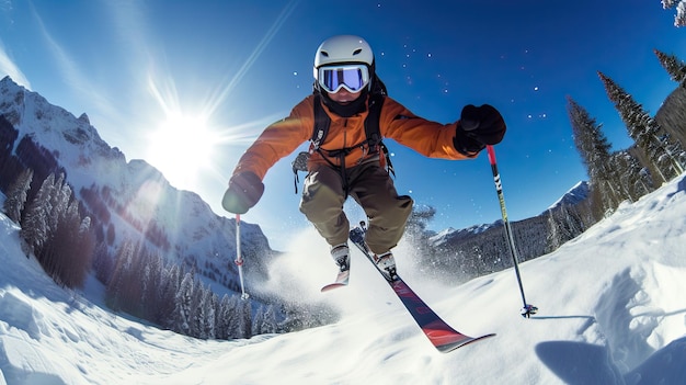 A narciarz narciarz skoki narciarz snowboard Ekstremalne sporty zimowe narciarz zjeżdżający w dół w słoneczny dzień w wysokich górach Generatywny Ai