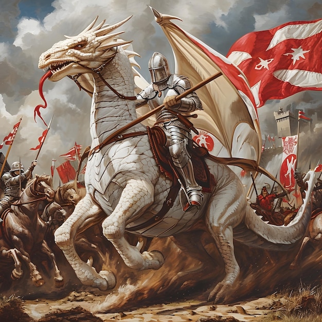 Zdjęcie a painting of knights riding on a white horse and a flag on their shoulders