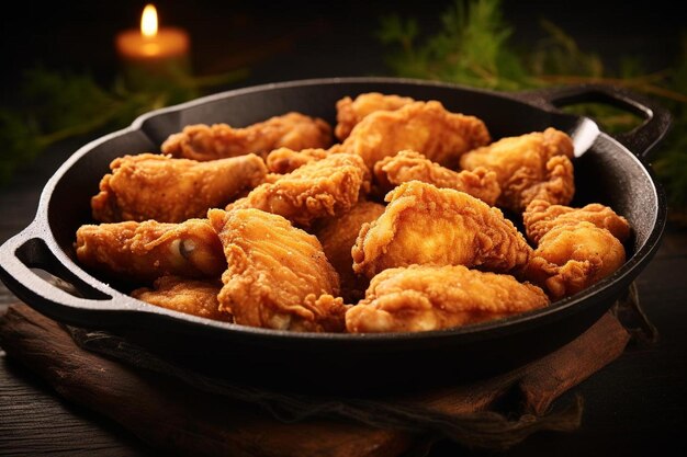 Zdjęcie a pan of fried chicken by a fireplace