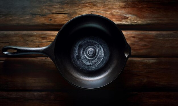 Zdjęcie a pan on a wooden table with a black pot on it