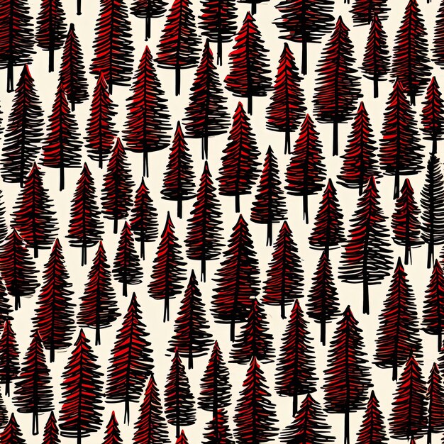 Zdjęcie a pattern of pine trees with red leaves