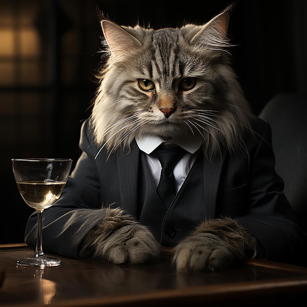 a_photograph_of_a_cat_wearing_a_suit_and_drinking_a_mart