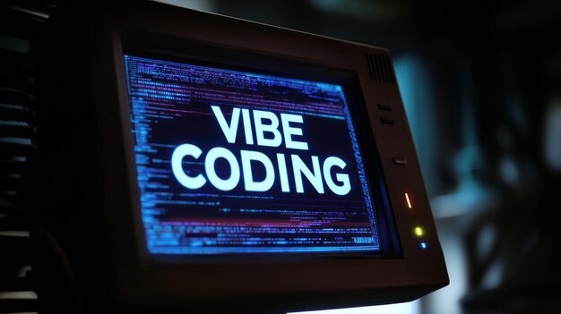 A pixelate vibe coding text on an old computer screen evoking retrofuturism and vibe coding low code coding programs