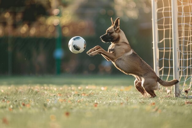 Zdjęcie a playful dog strikes a soccer ball midair near a goalpost