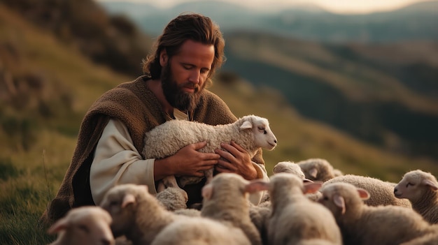 a shepherd with one lamb in his arms and many others at his feet symbolizing the parable of the lost sheep