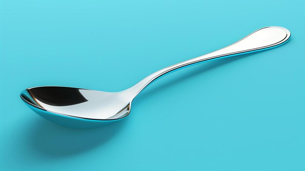 Zdjęcie a shiny metal spoon on a blue background the spoon is facing to the left of the frame