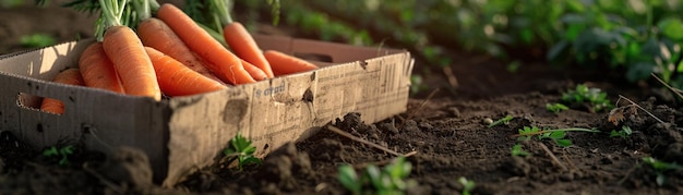 Zdjęcie a świeżo zebrane marchewki umieszczone w kartonowym pudełku do recyklingu na ziemi