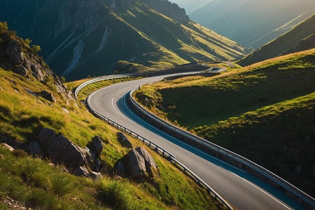 Zdjęcie a winding mountain road winding through a picture