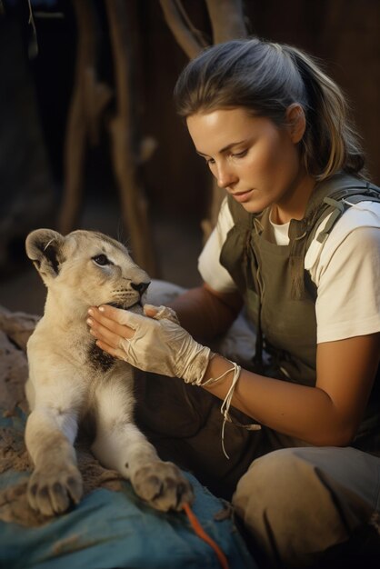 Zdjęcie a woman wildlife biologists rehabilitator helps an injured little lion cubl