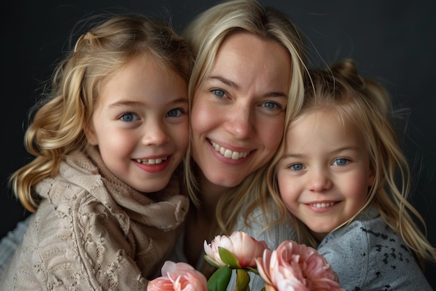 Zdjęcie a woman with two children posing with flowers