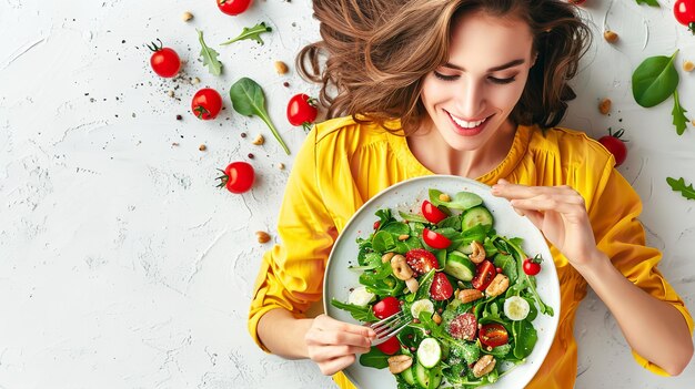 Zdjęcie a young woman enjoying a nice salad on a light background with copy space generative ai